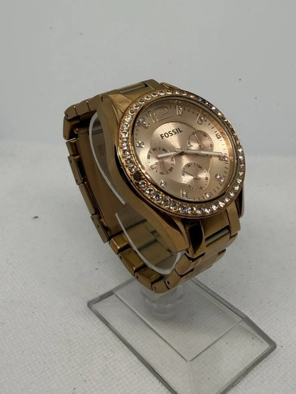Fossil Riley ES2811 Womens Rose Gold-Tone Crystal Multifunction Watch 38mm